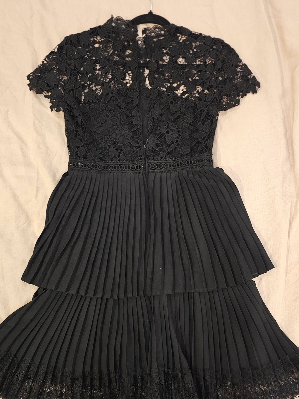 Zara Black Lace Midi Dress with Pleated Tiered Skirt